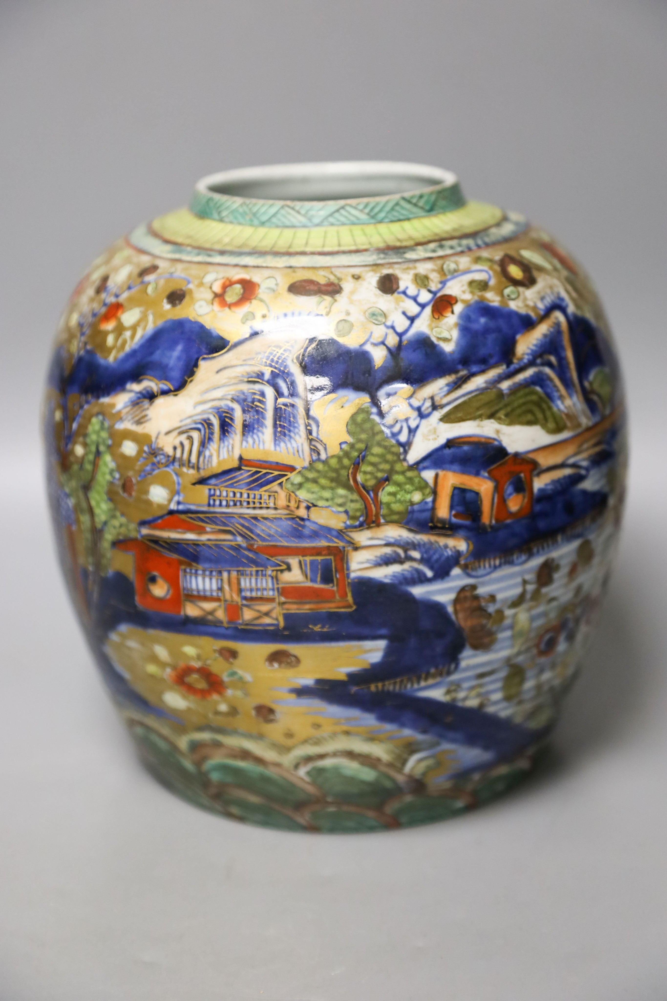 A 19th century Chinese clobbered jar with wood cover 24cm